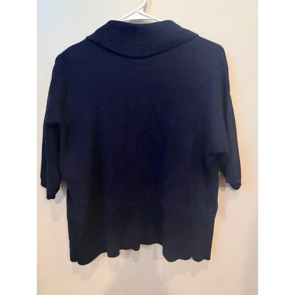 Lauren Ralph Lauren Open Front Cardigan Sweater Navy Blue Size M Knit 3/4 Sleeve